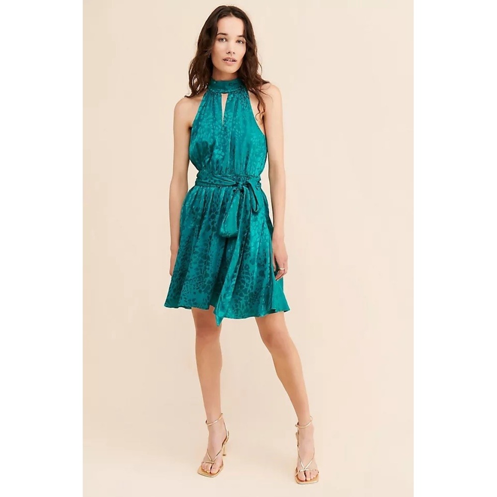 Anthropologie NEW Mini Dress Turquoise Leopard Jacquard Halter Glam Cocktail